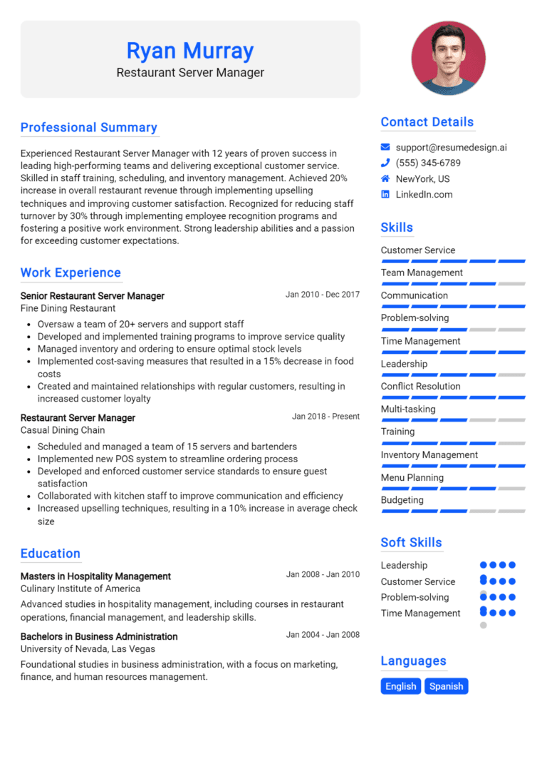 16 Restaurant Server Manager Resume Examples And Templates for 2025
