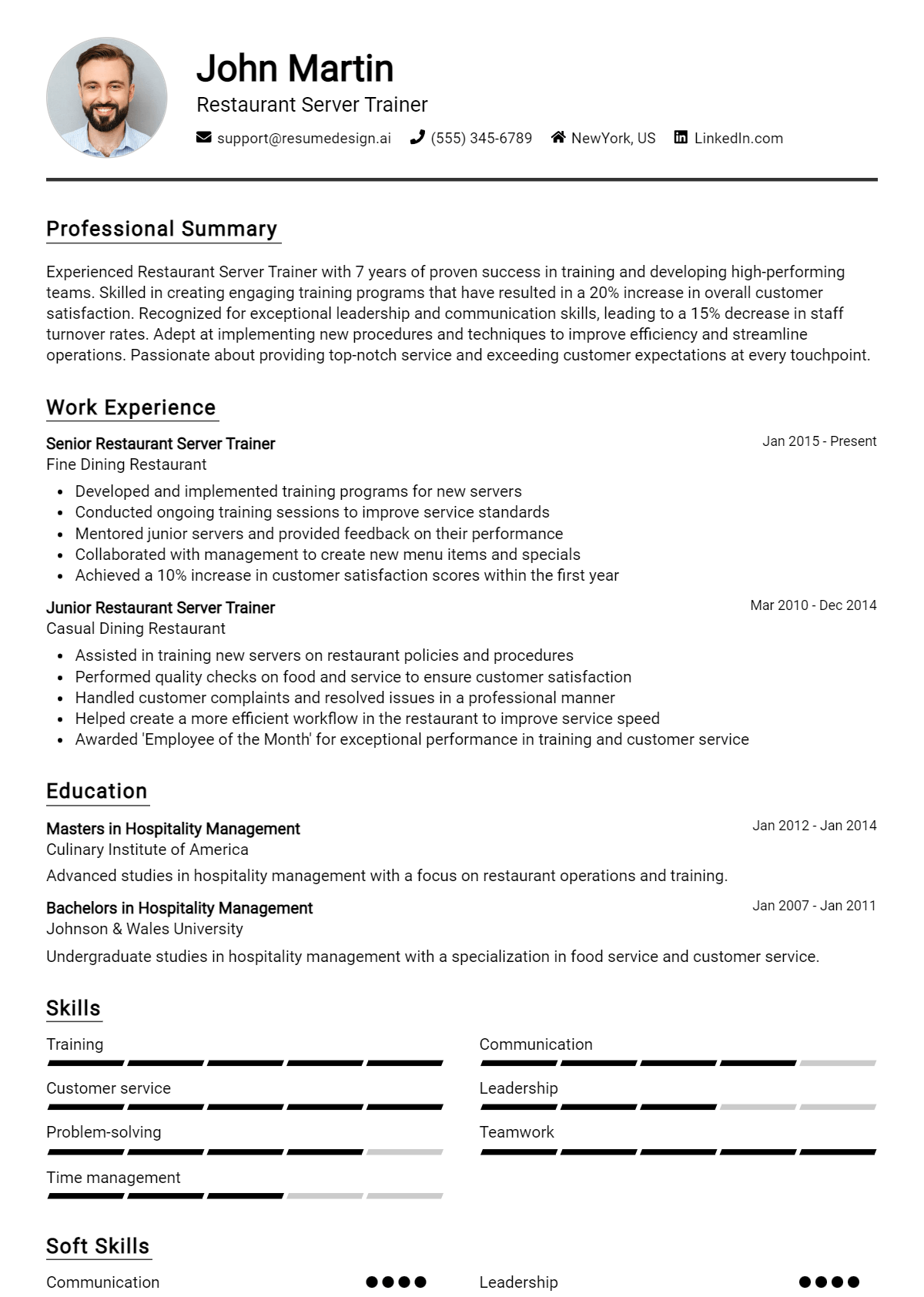 Restaurant Server Trainer Resume Example