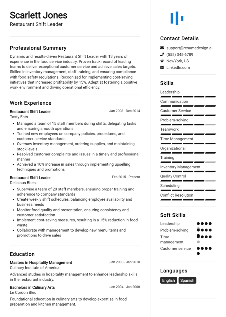 Restaurant Shift Leader Resume Example