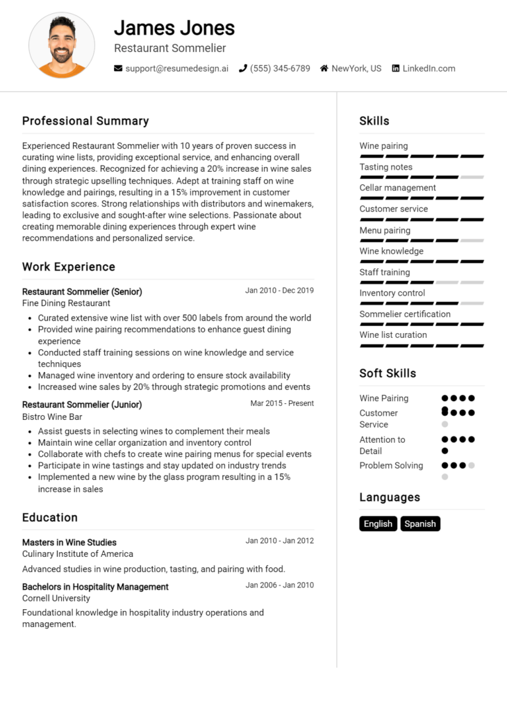 Restaurant Sommelier Resume Example