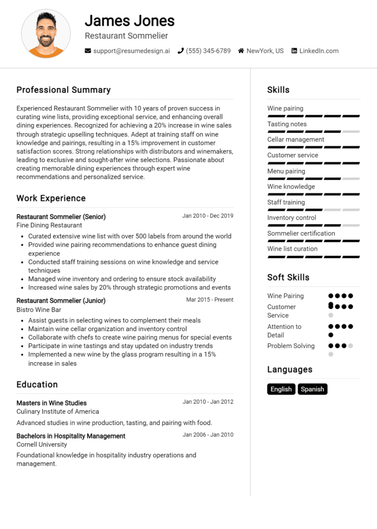 16 Restaurant Sommelier Resume Examples And Templates for 2025
