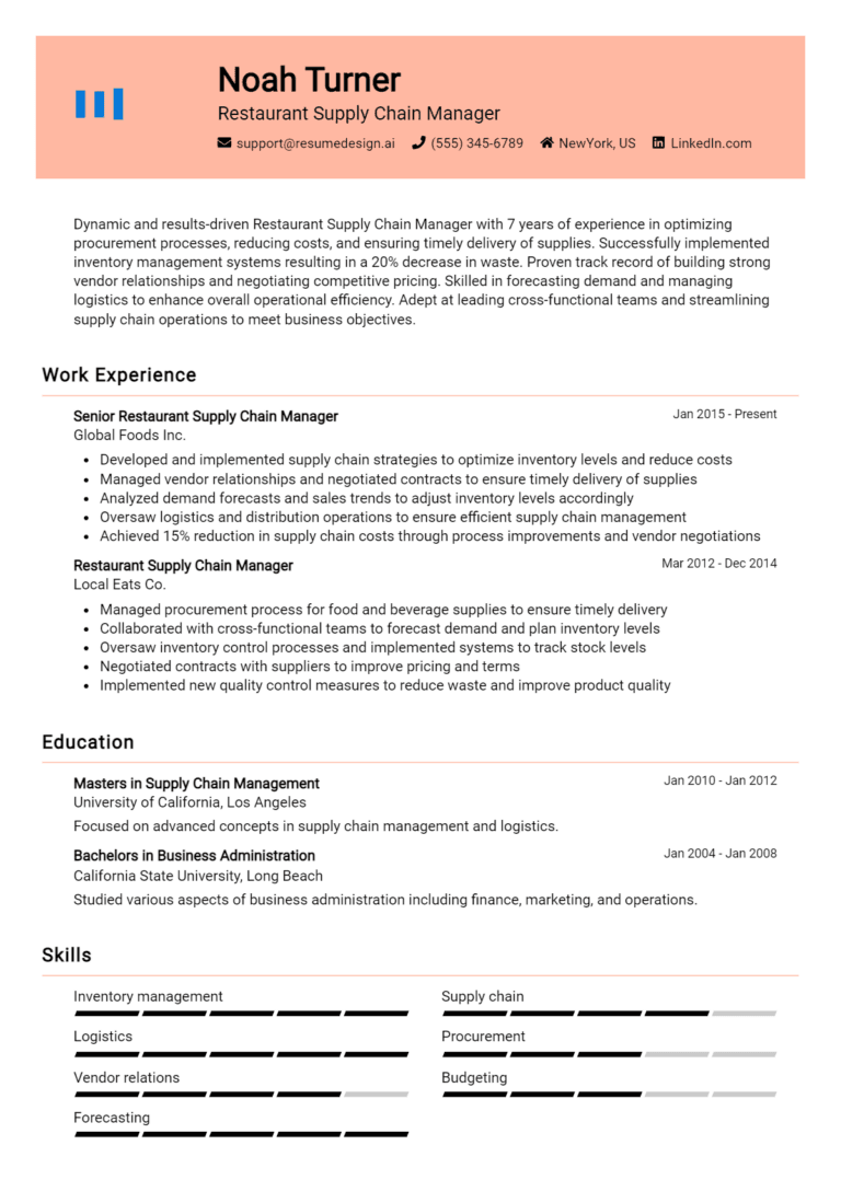 16 Restaurant Supply Chain Manager Resume Examples And Templates for 2025 (Downloadable)