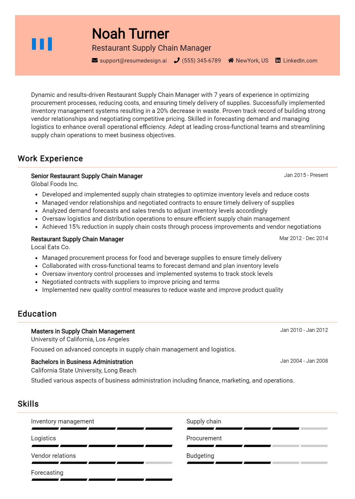 Restaurant Supply Chain Manager Resume Example