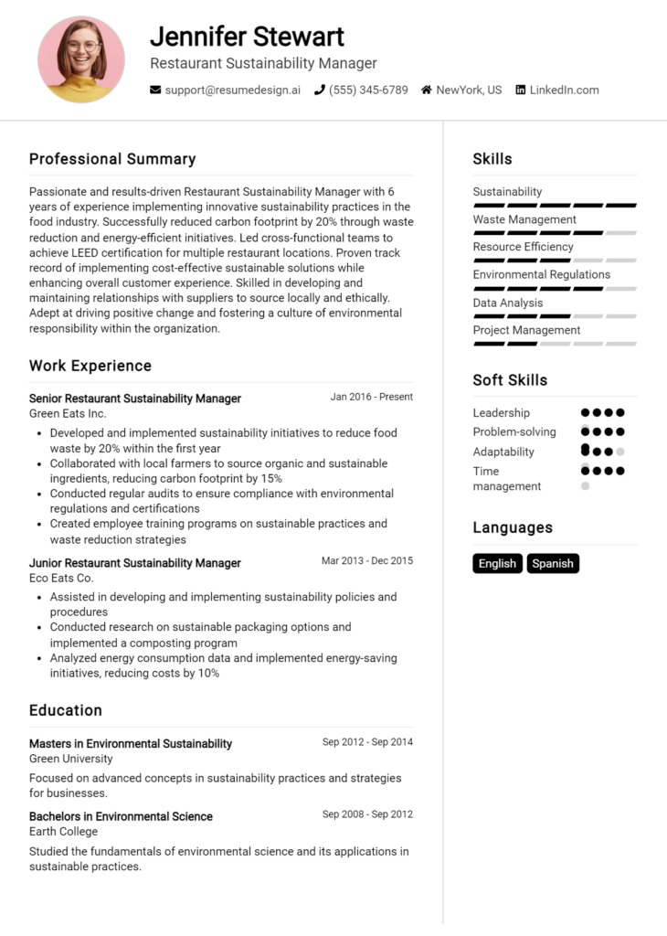 Restaurant Sustainability Manager Resume Example