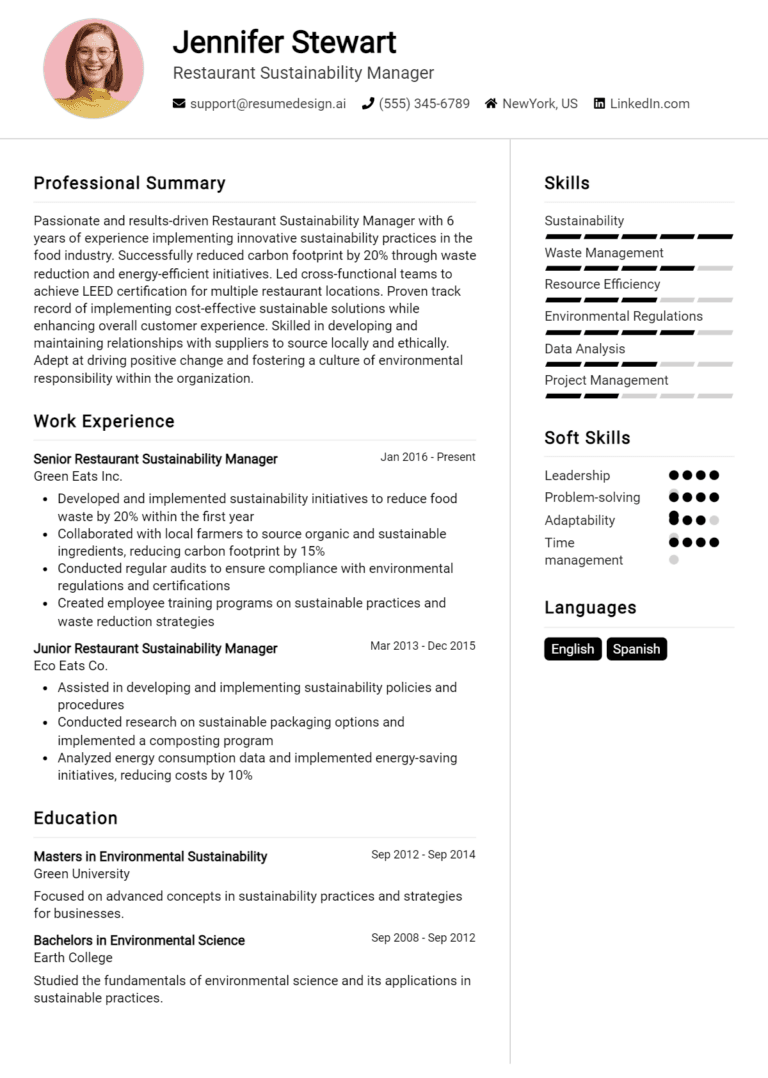 16 Restaurant Sustainability Manager Resume Examples And Templates for 2025