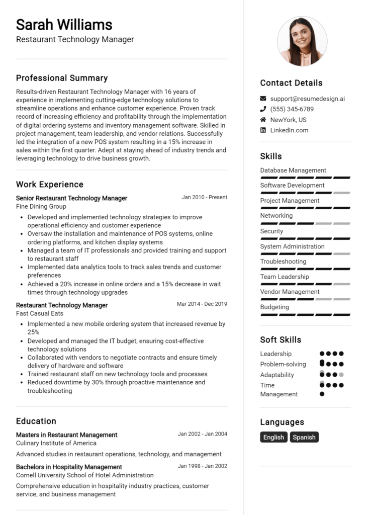 Restaurant Technology Manager Resume Example