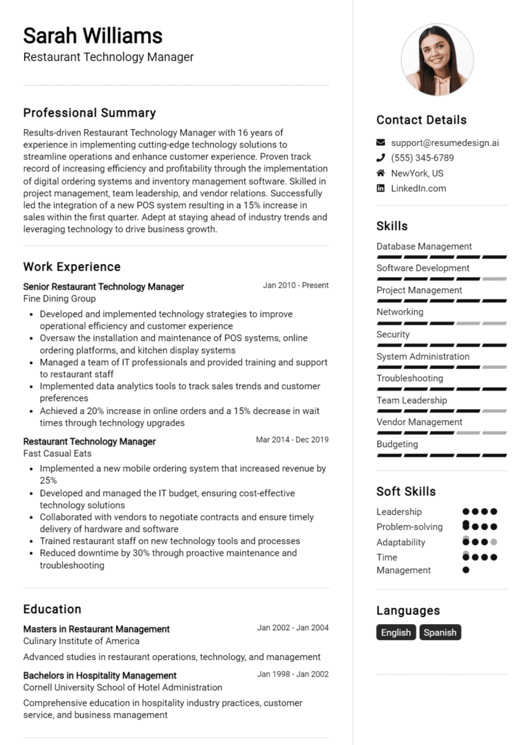 16 Restaurant Technology Manager Resume Examples And Templates for 2025
