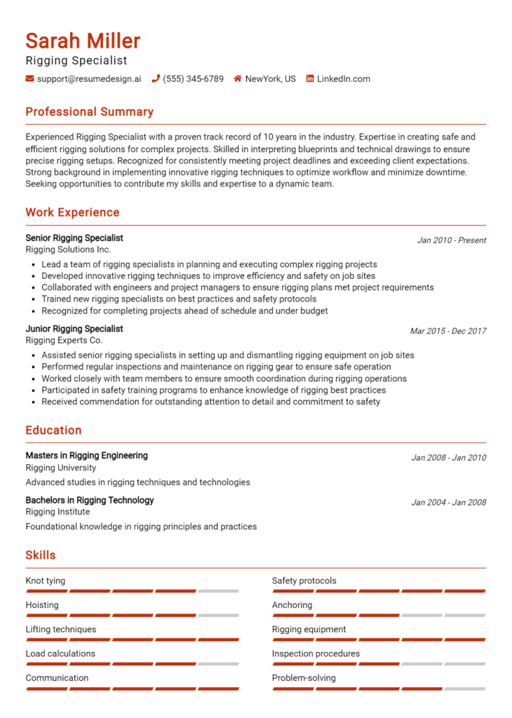 Rigging Specialist Resume Example