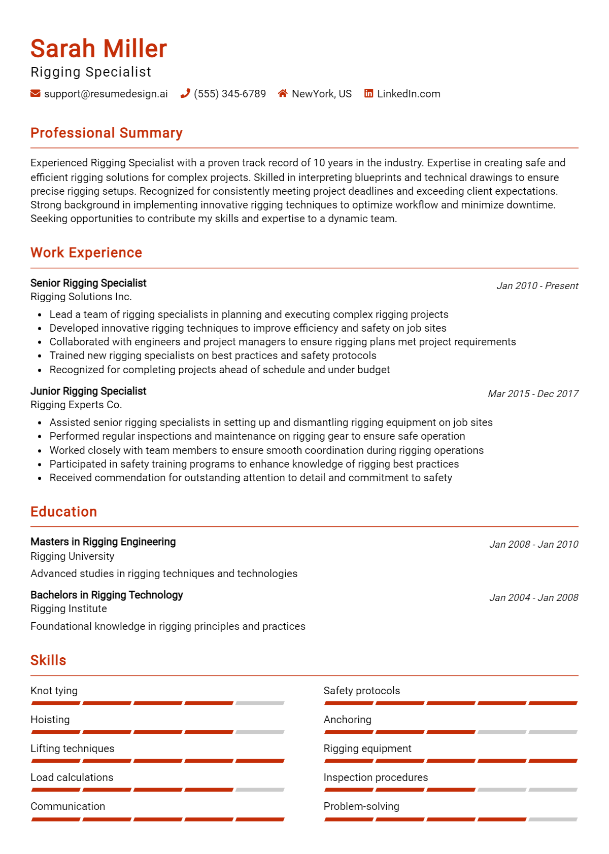 Rigging Specialist Resume Example