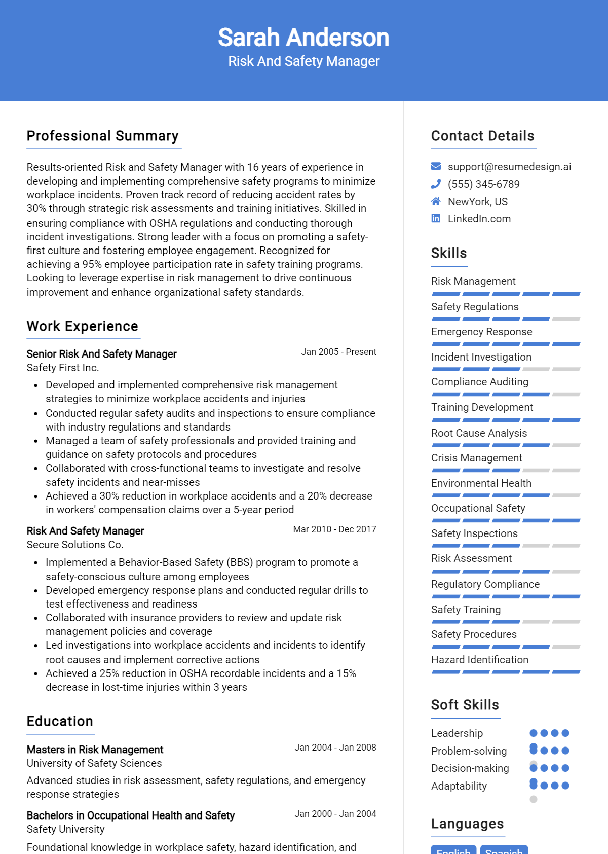 Risk And Safety Manager Resume Example