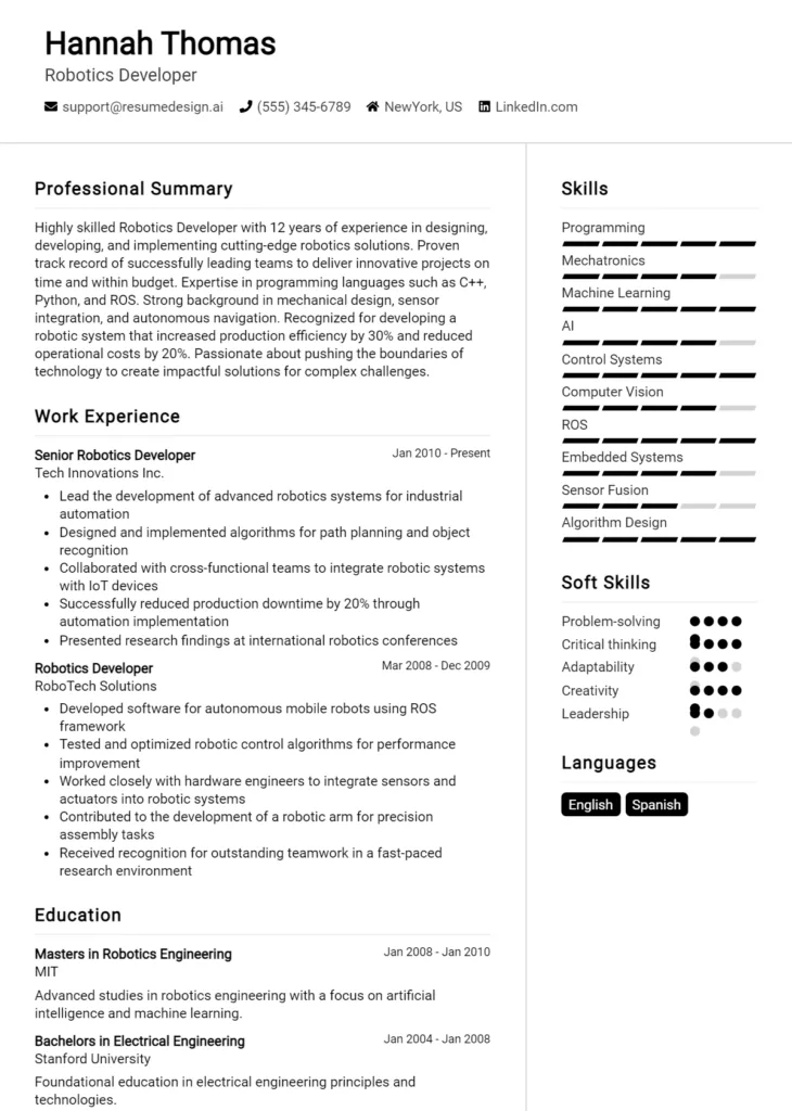 Robotics Developer Resume Example
