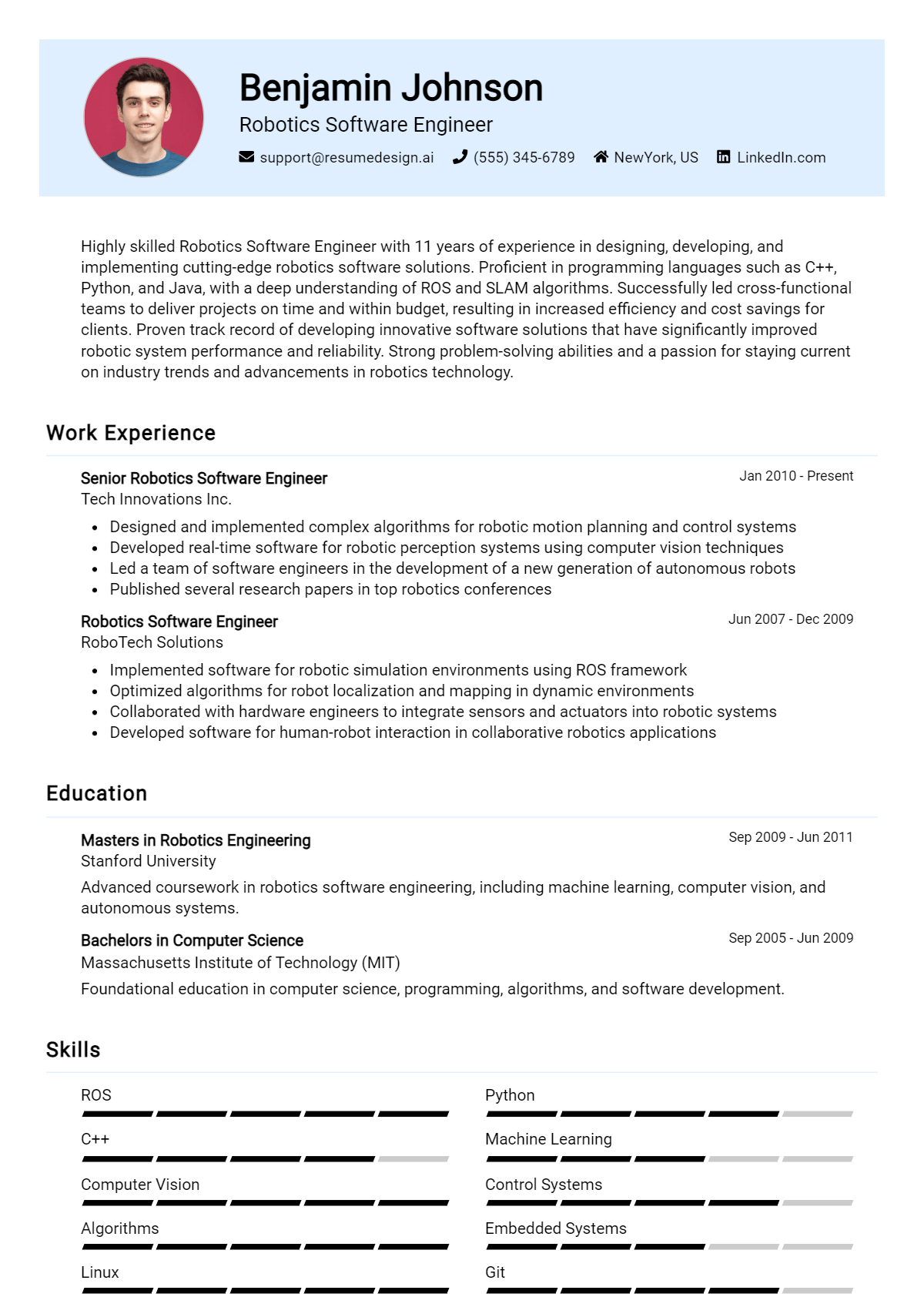 Robotics Software Engineer Resume Example