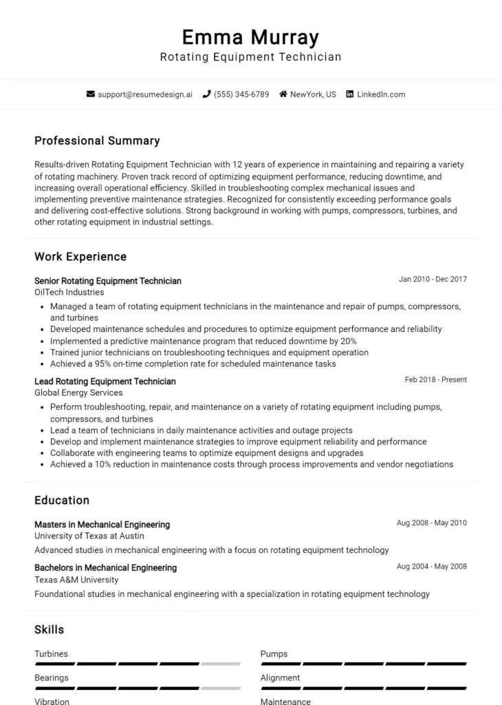Rotating Equipment Technician Resume Example