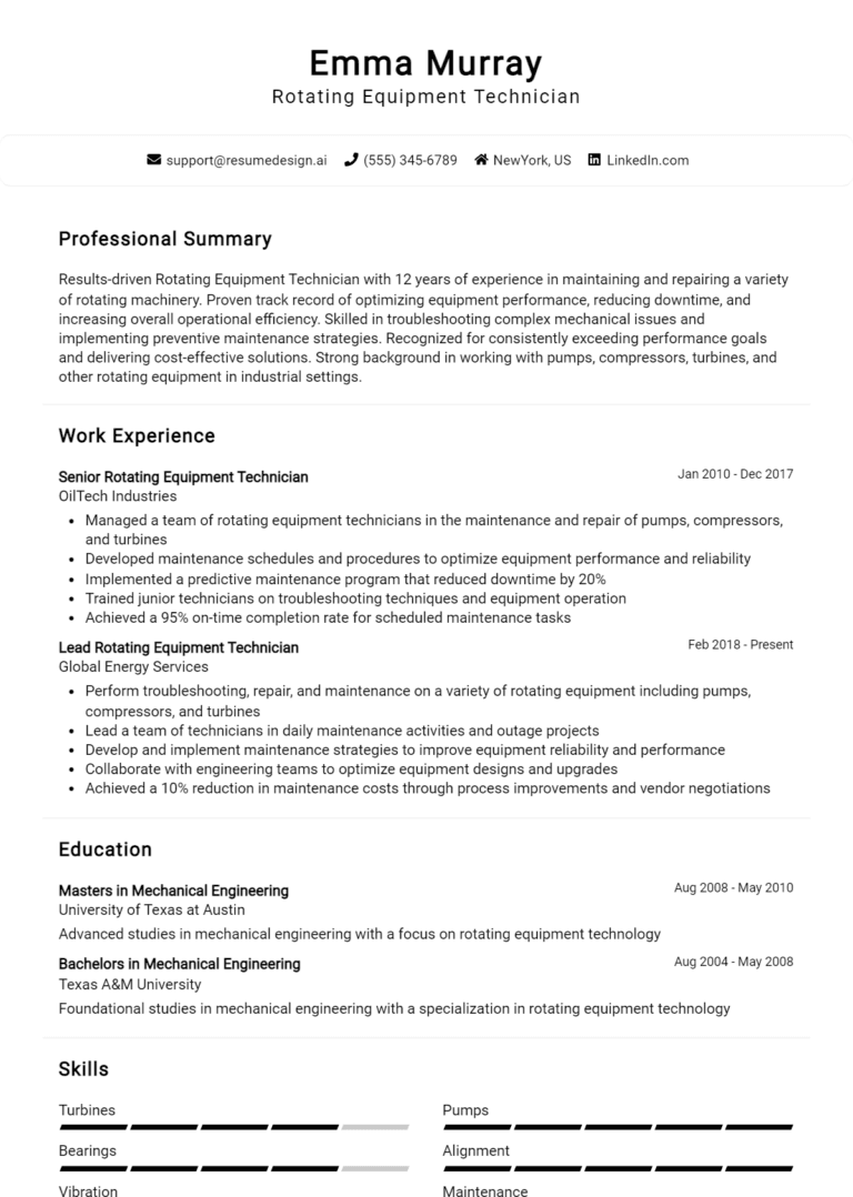 21 Rotating Equipment Technician Resume Examples And Templates for 2025