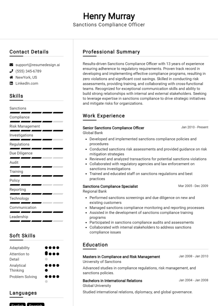 Sanctions Compliance Officer Resume Example