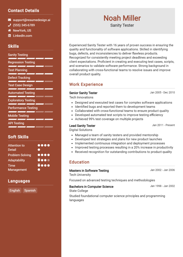 Sanity Tester Resume Example