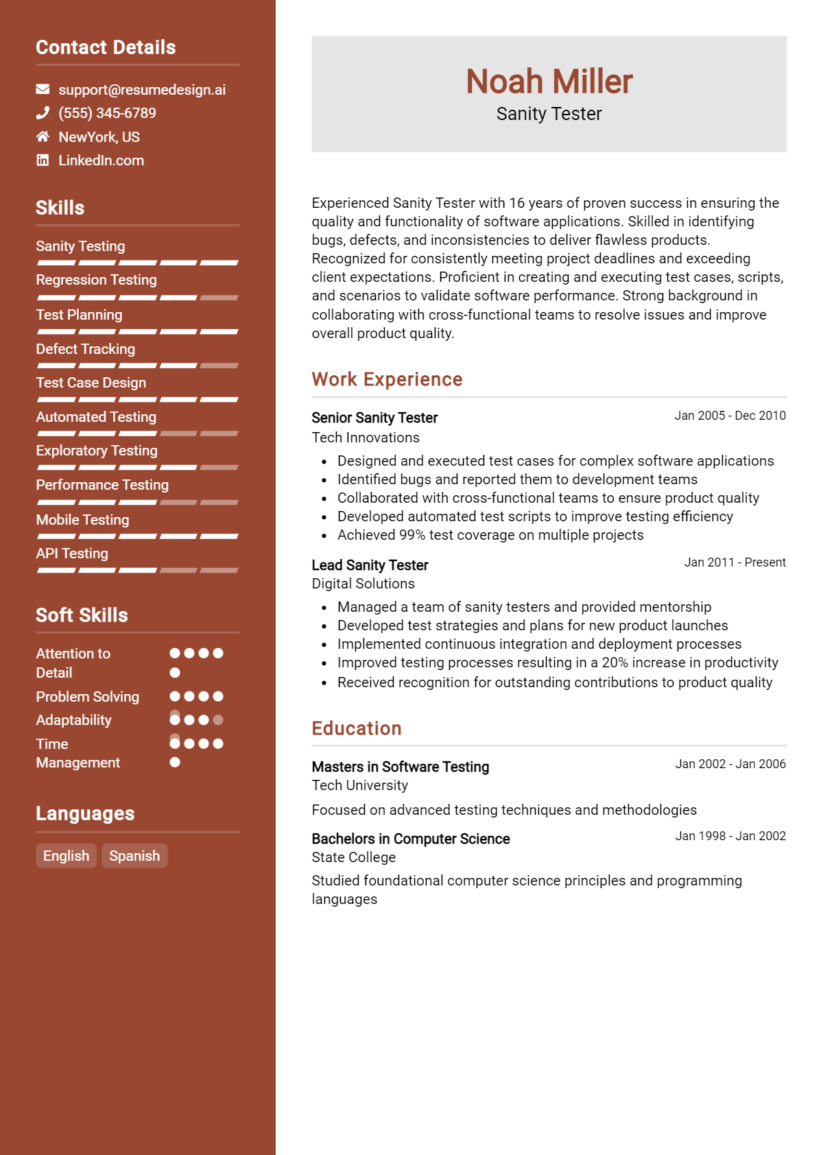 Sanity Tester Resume Example