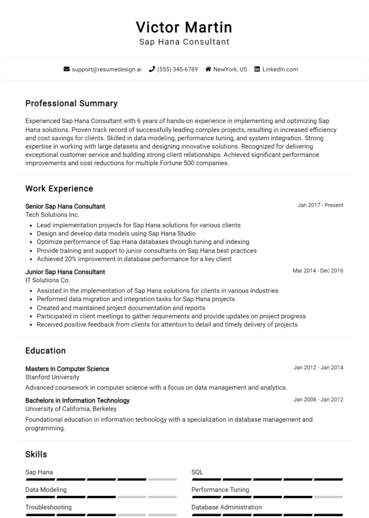 Sap Hana Consultant Resume Example