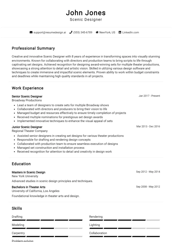 Scenic Designer Resume Example