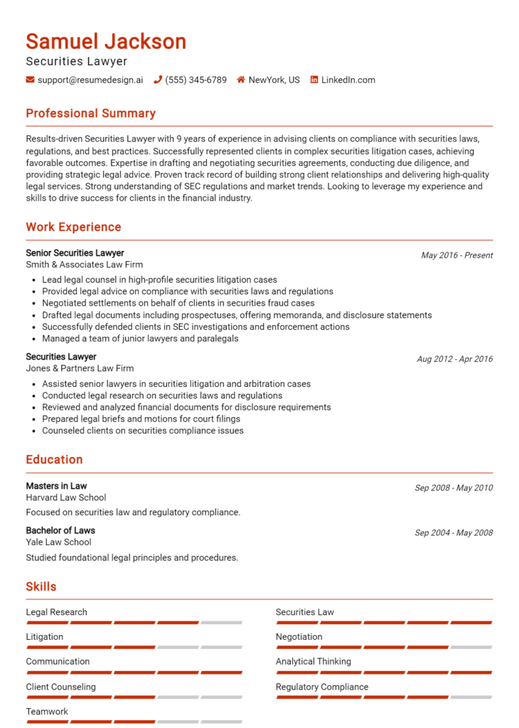 Securities Lawyer Resume Example