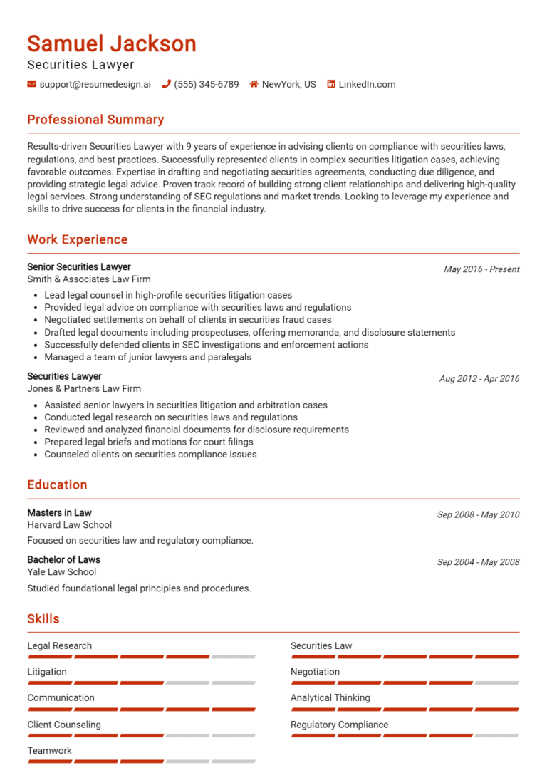 31 Securities Lawyer Resume Examples And Templates for 2025
