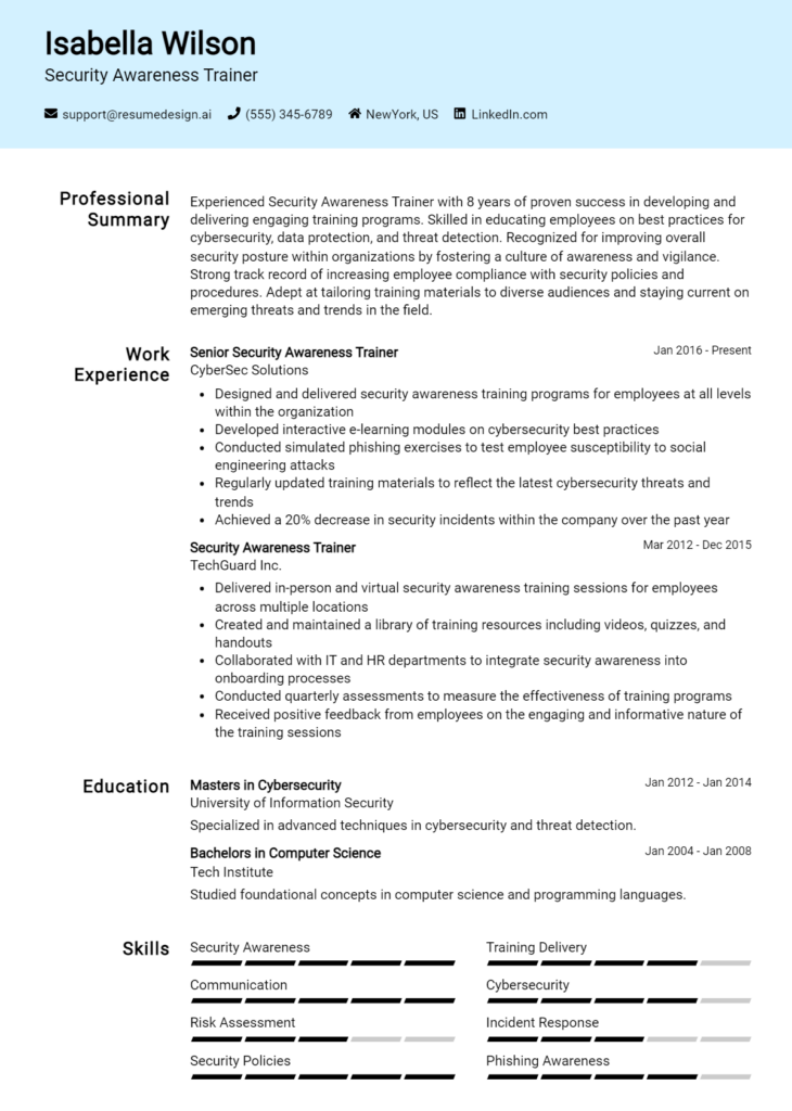 Security Awareness Trainer Resume Example