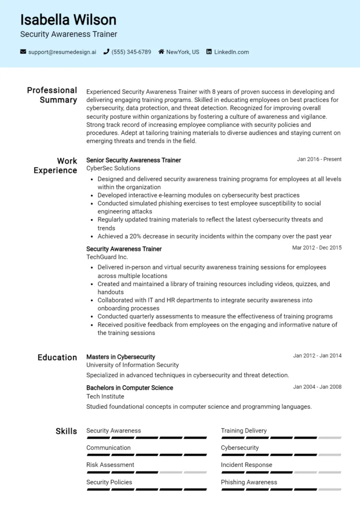 Security Awareness Trainer Resume Example