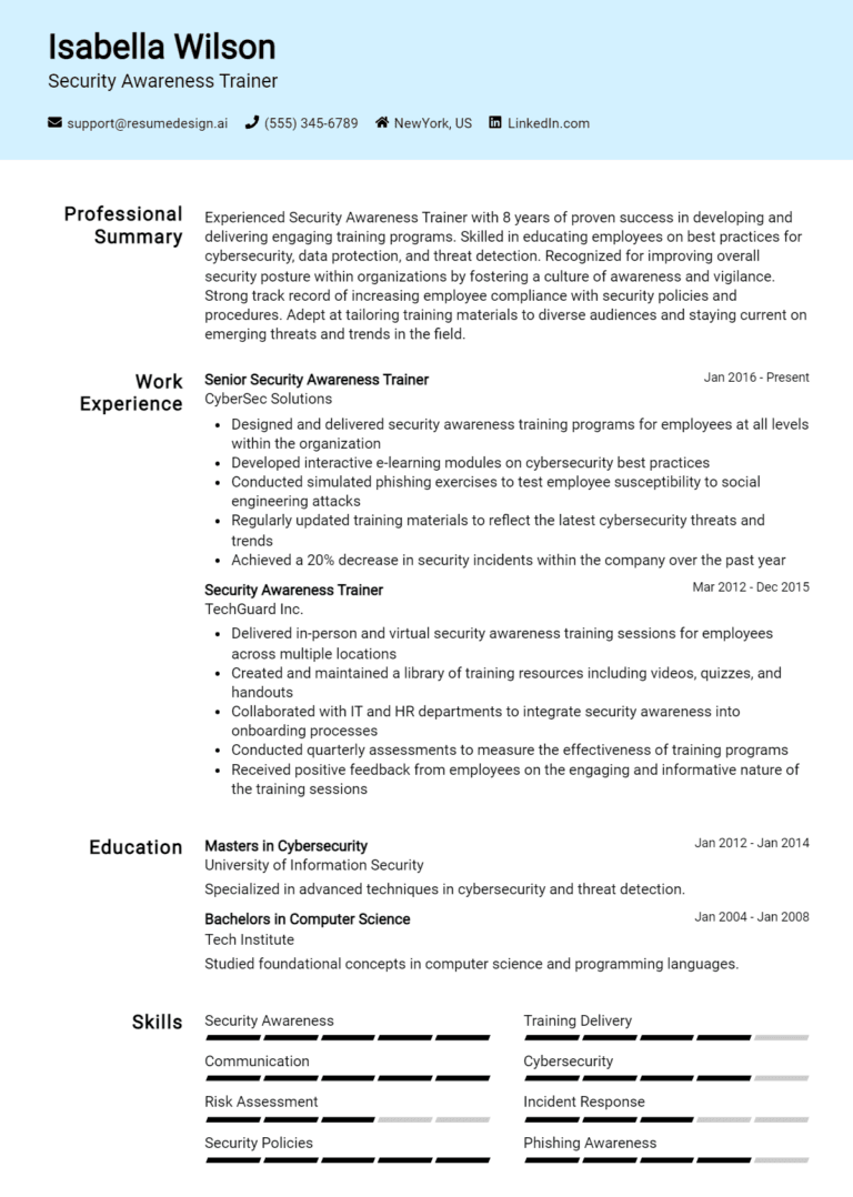 24 Security Awareness Trainer Resume Examples And Templates for 2025