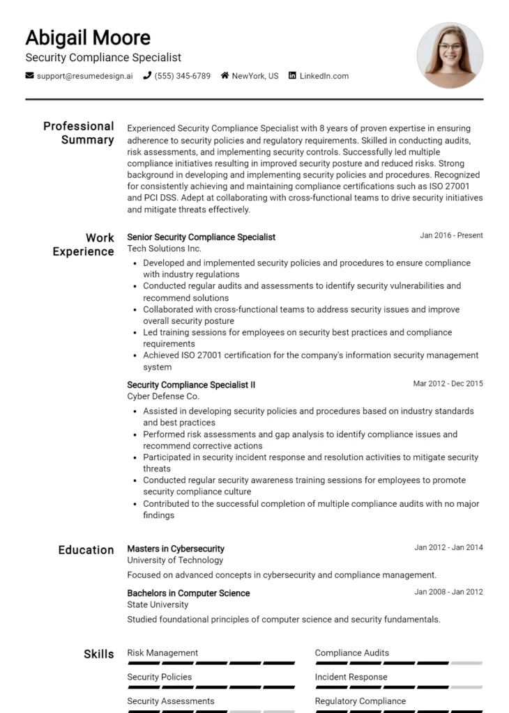 Security Compliance Specialist Resume Example