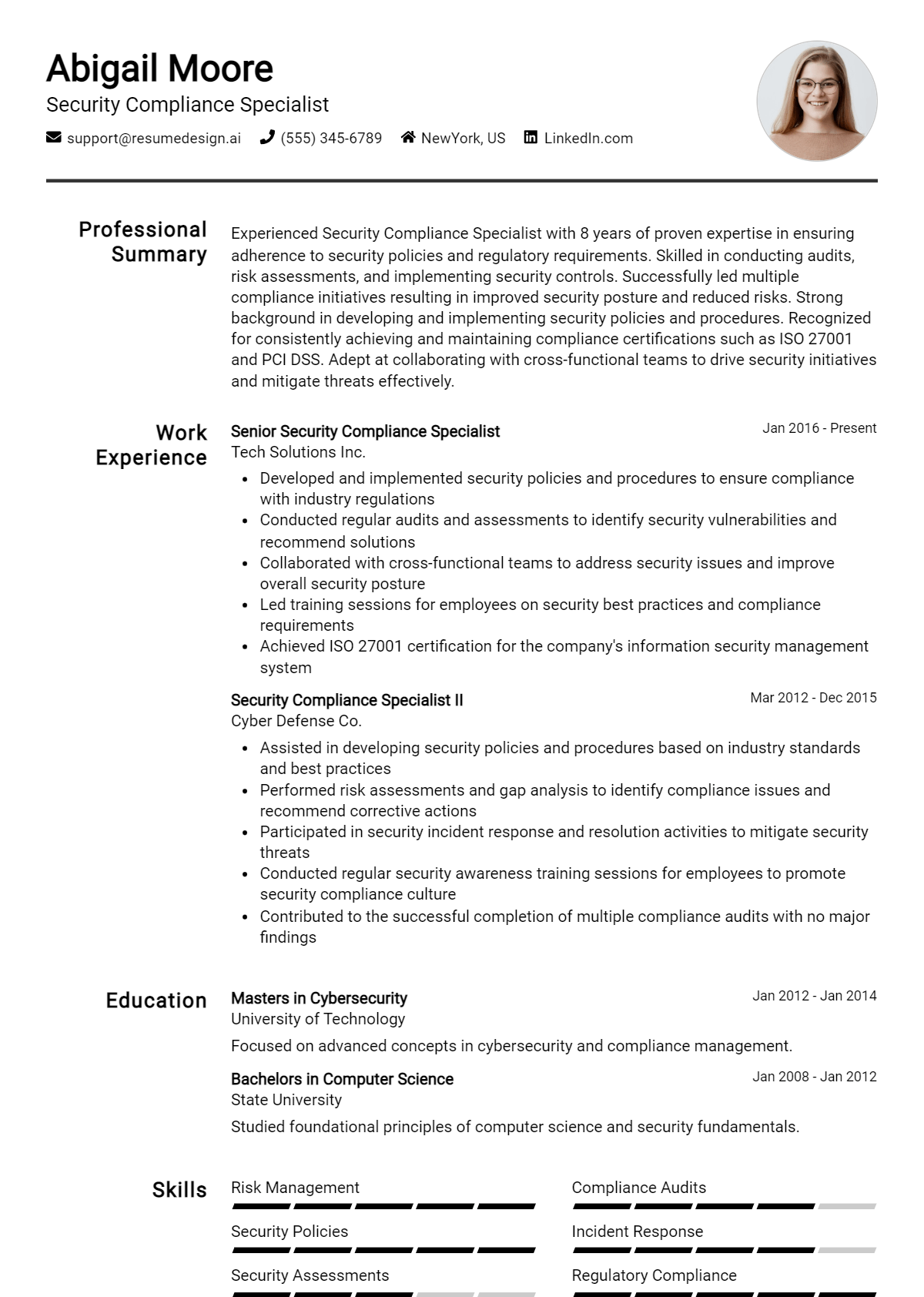 Security Compliance Specialist Resume Example