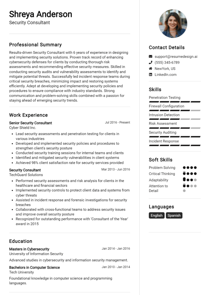 Security Consultant Resume Example