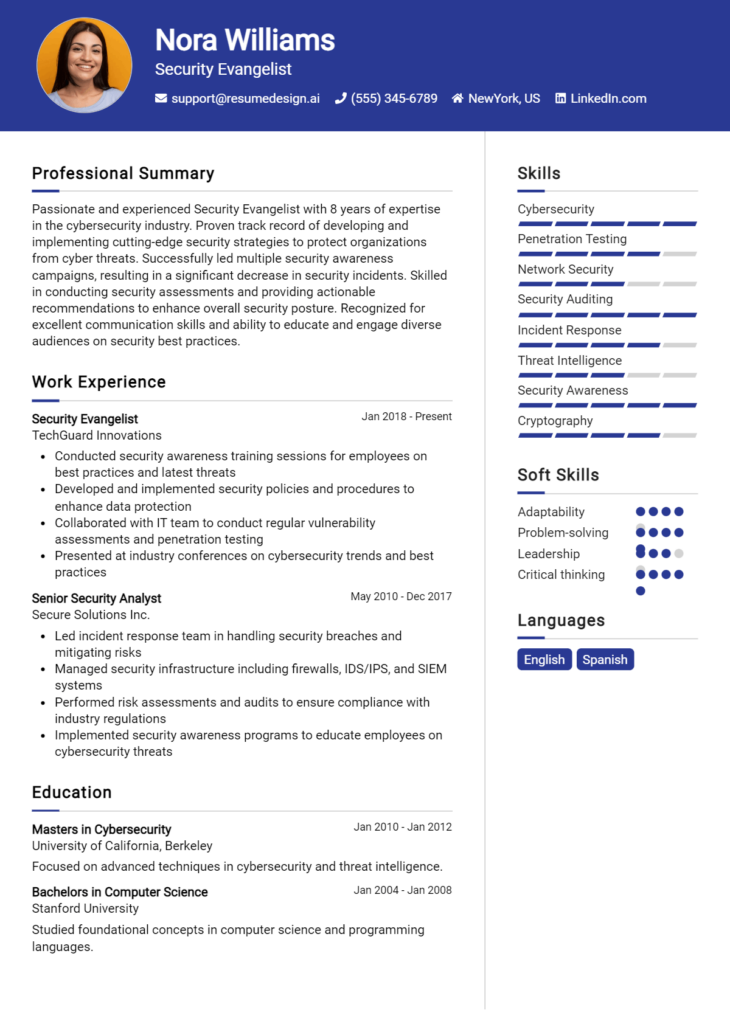 Security Evangelist Resume Example