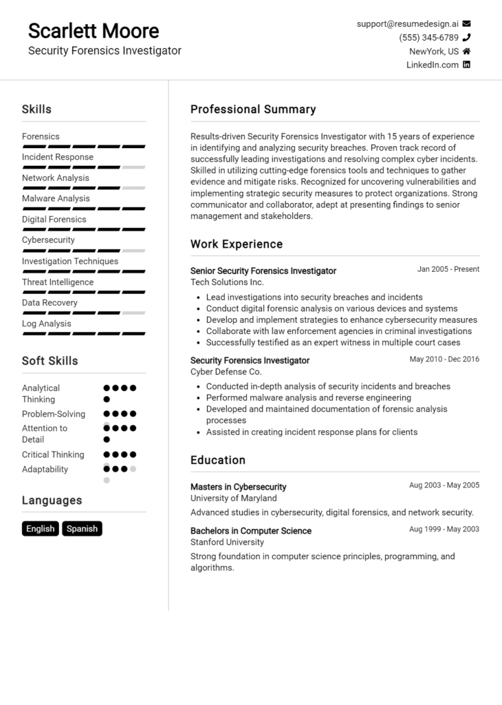 Security Forensics Investigator Resume Example