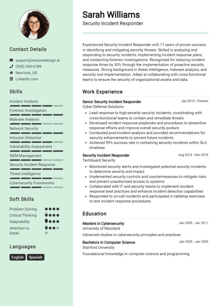 Security Incident Responder Resume Example
