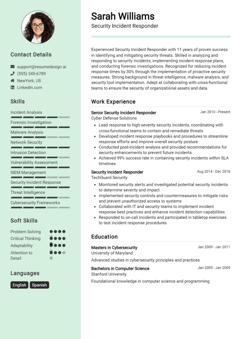 24 Security Incident Responder Resume Examples And Templates for 2025