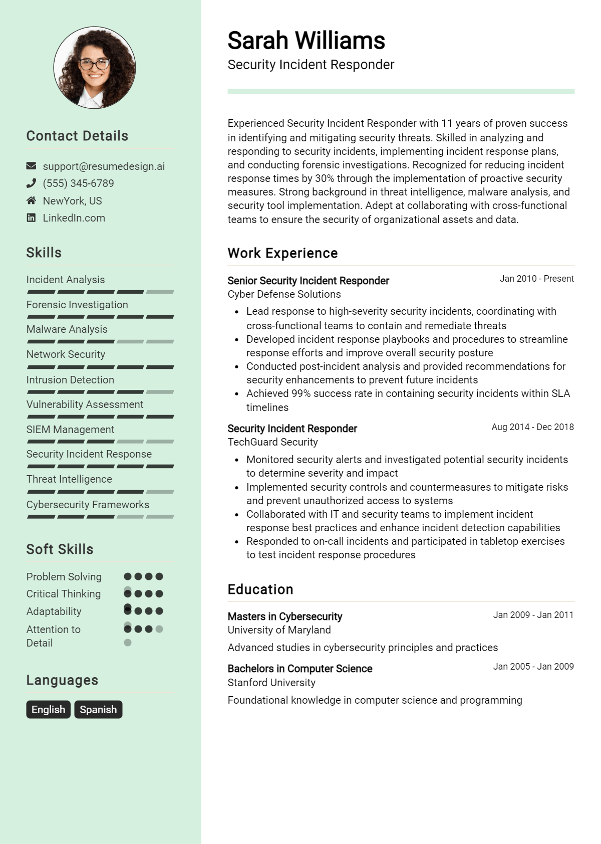 Security Incident Responder Resume Example