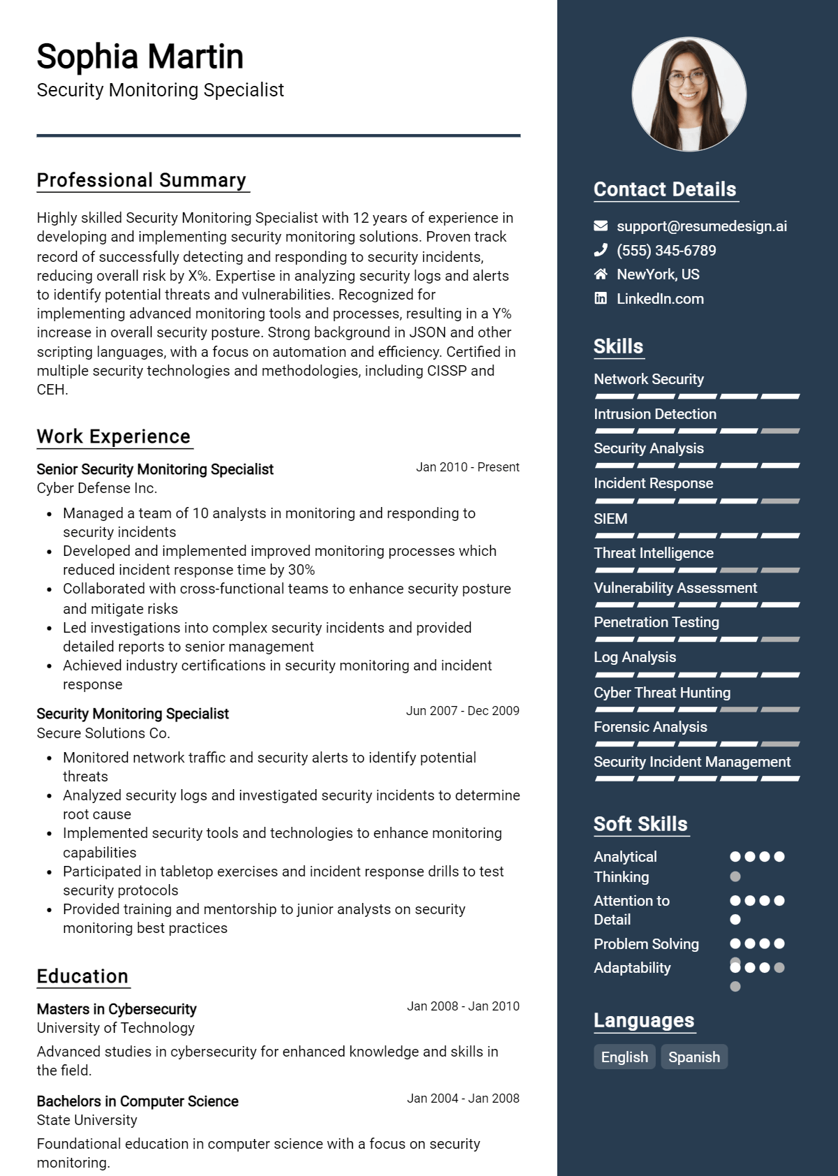 Security Monitoring Specialist Resume Example