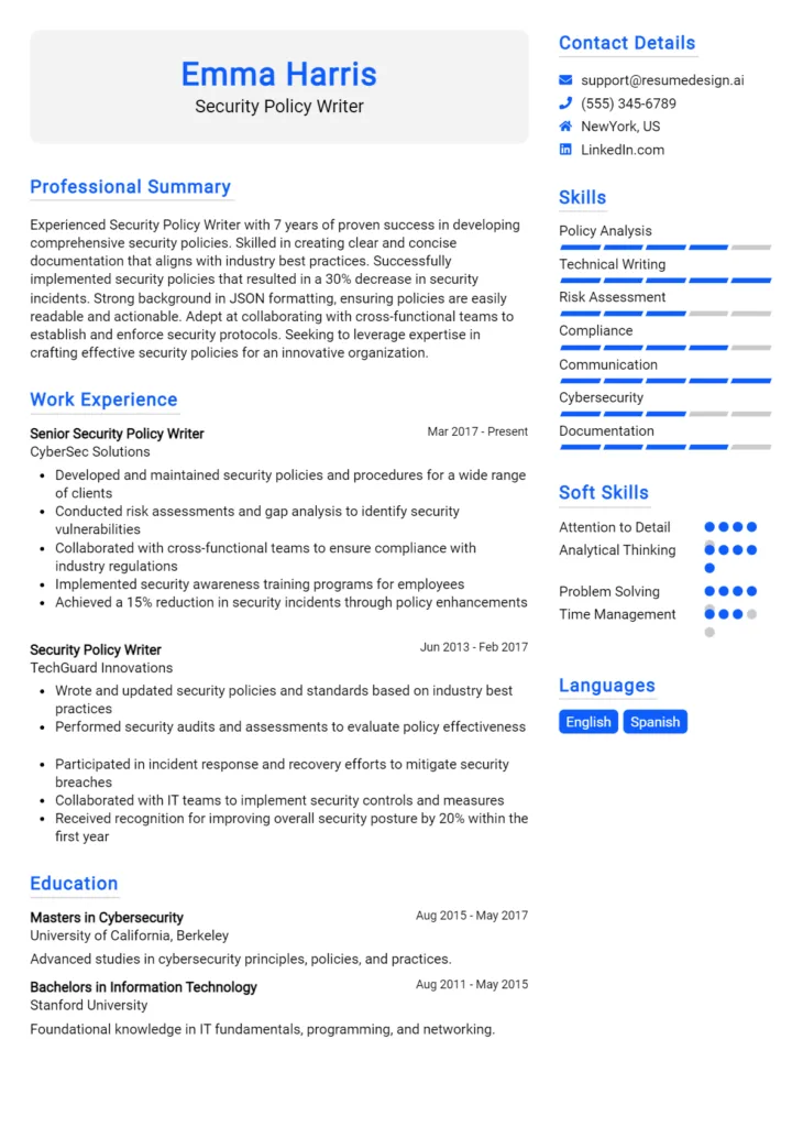 Security Policy Writer Resume Example