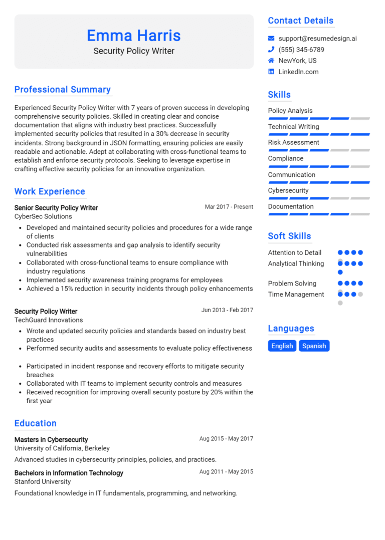 24 Security Policy Writer Resume Examples And Templates for 2025: Top Tips