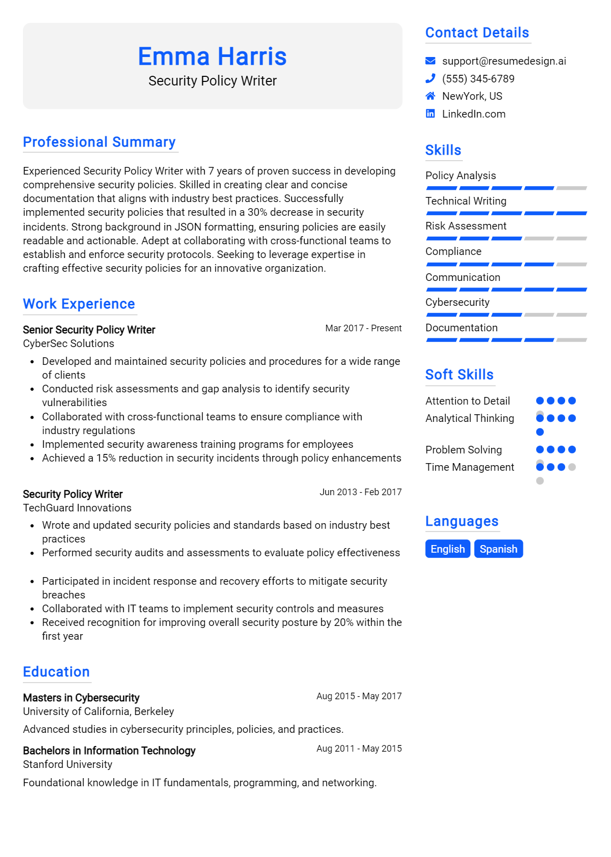 Security Policy Writer Resume Example