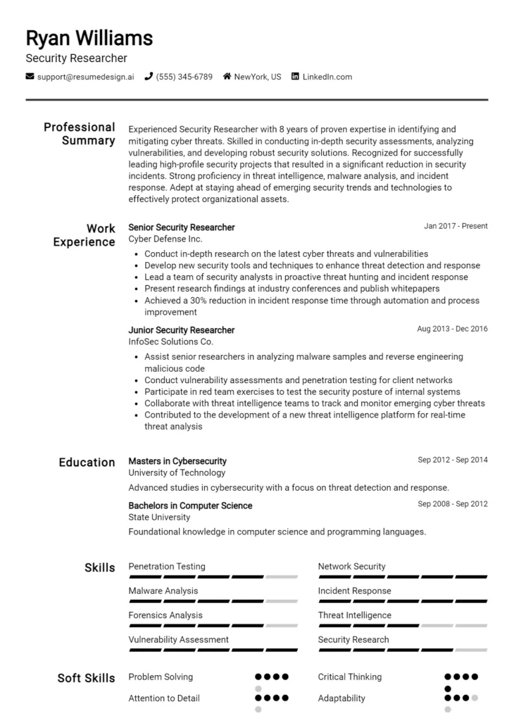 Security Researcher Resume Example