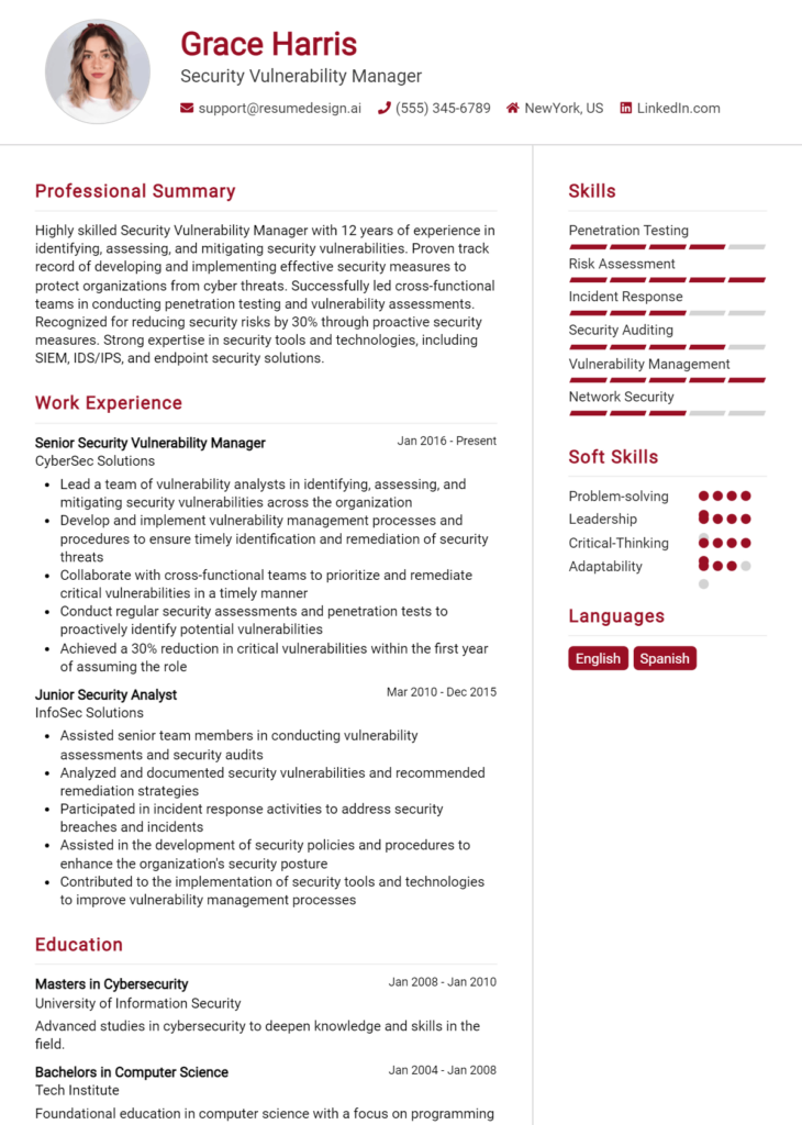 Security Vulnerability Manager Resume Example