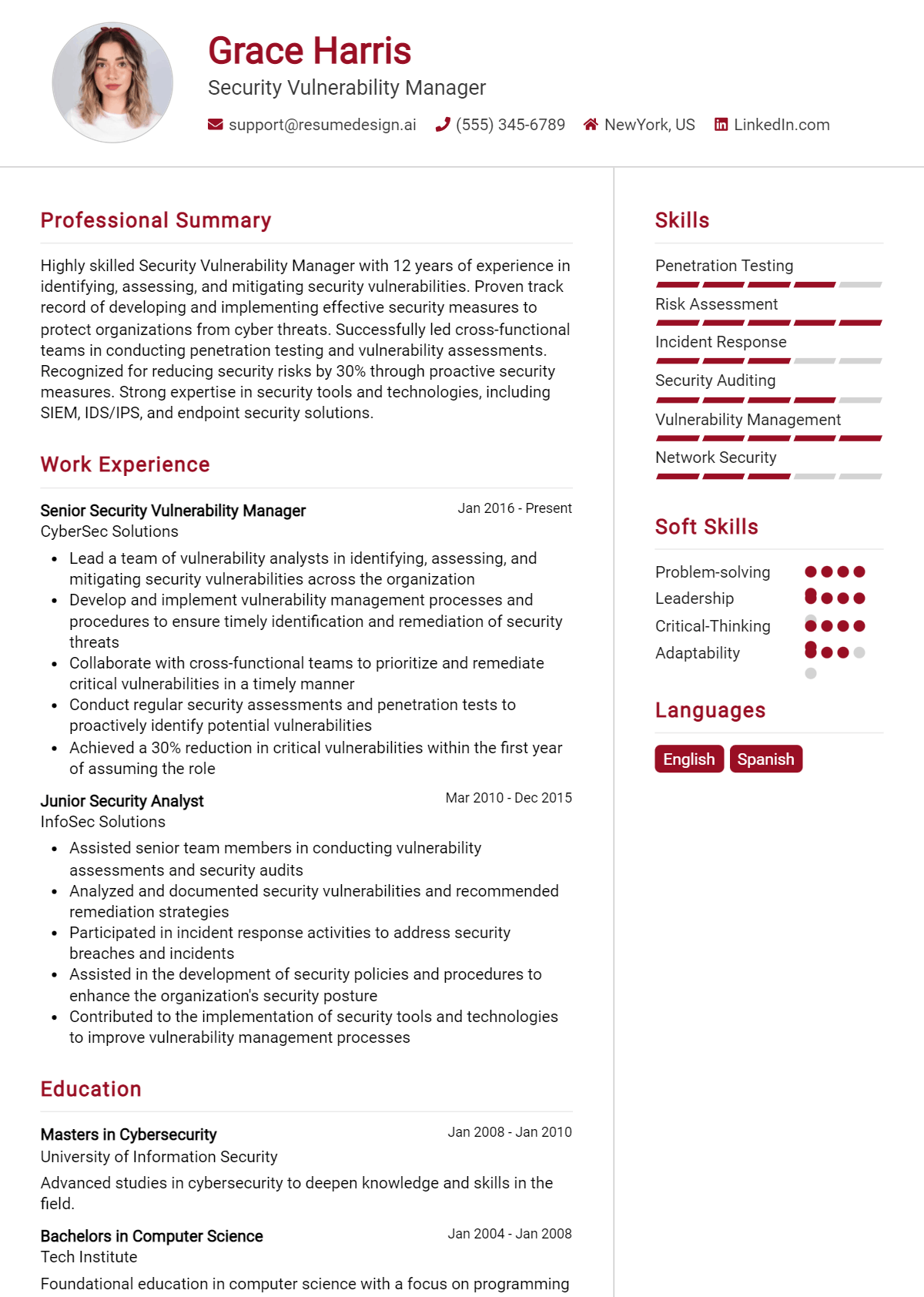 Security Vulnerability Manager Resume Example