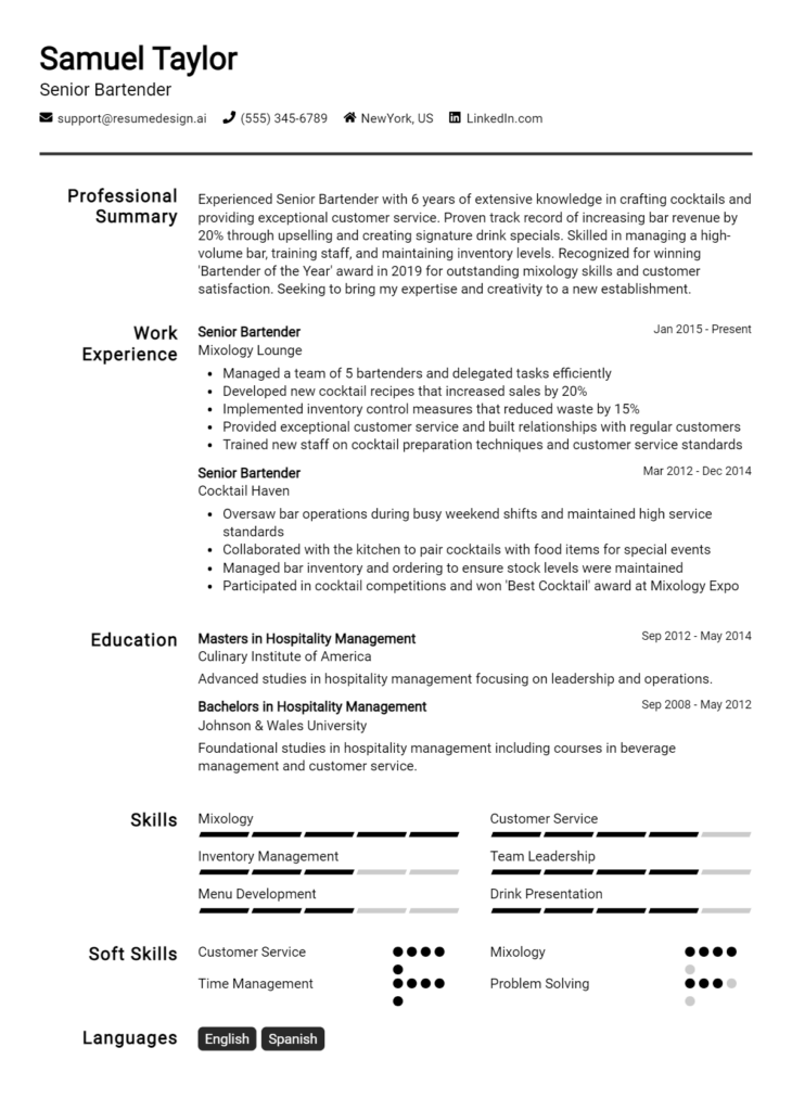 Senior Bartender Resume Example