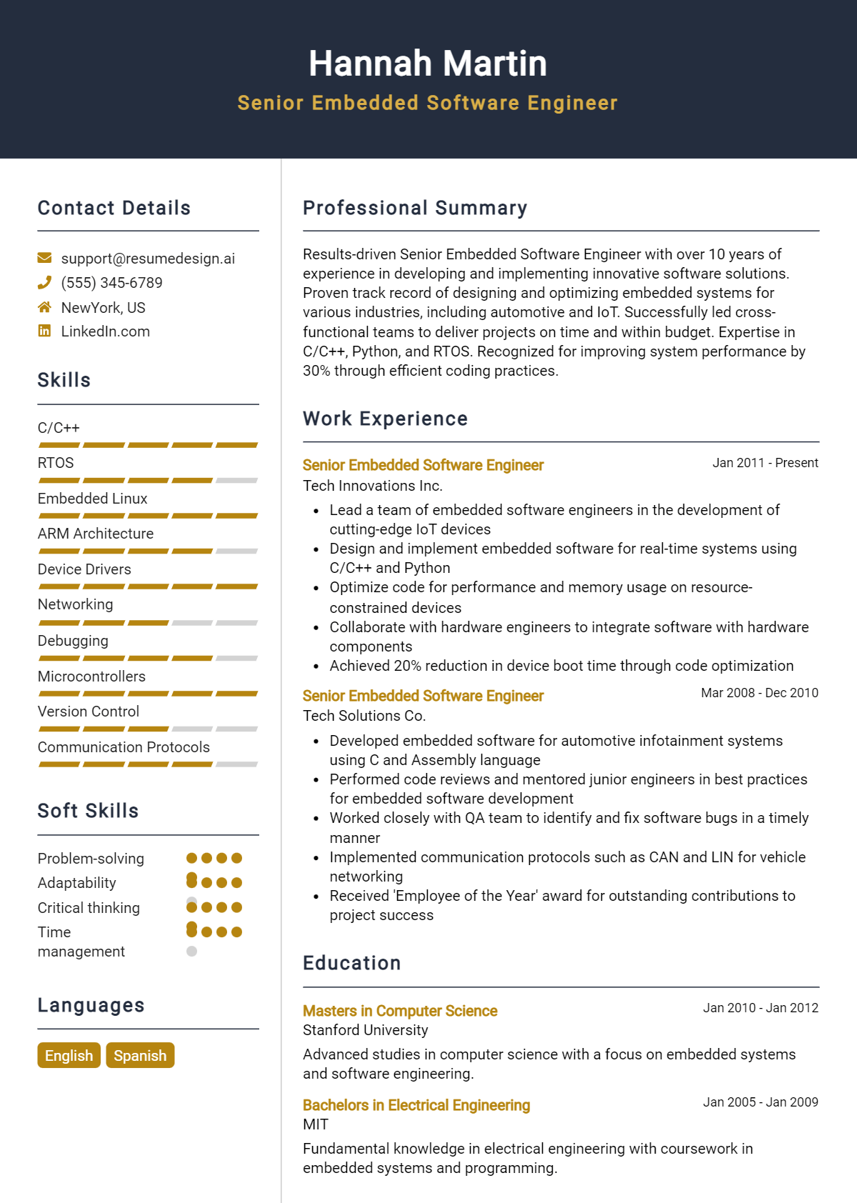 Senior Embedded Software Engineer Resume Example