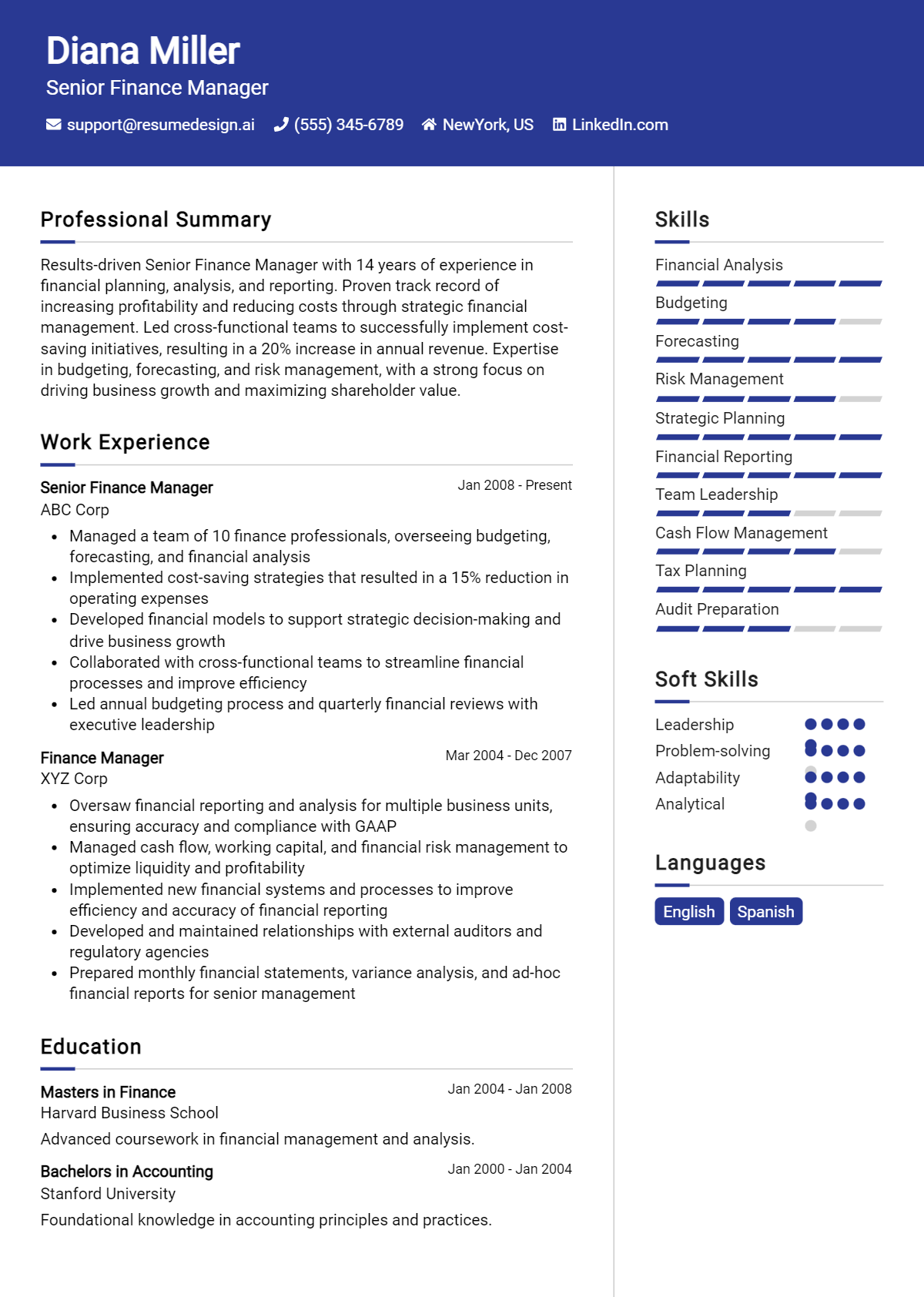 Senior Finance Manager Resume Example