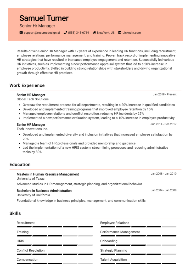 Senior Hr Manager Resume Example