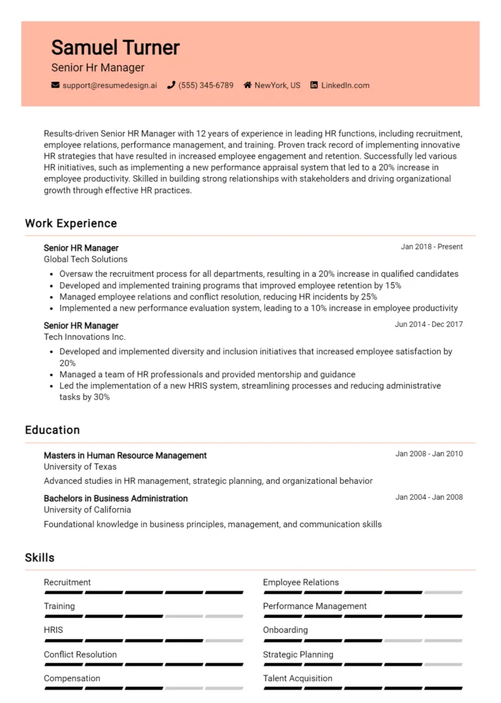 Senior Hr Manager Resume Example