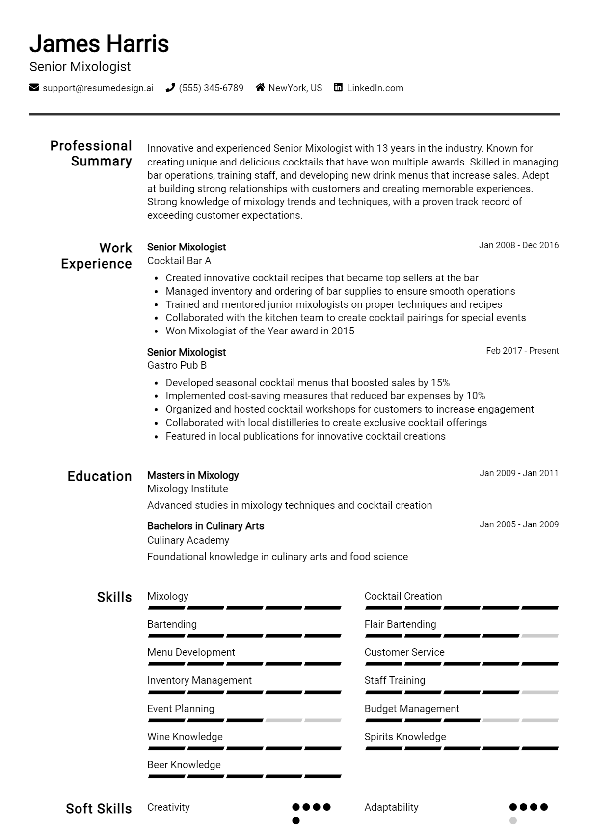 Senior Mixologist Resume Example