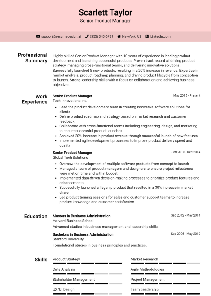 Senior Product Manager Resume Example